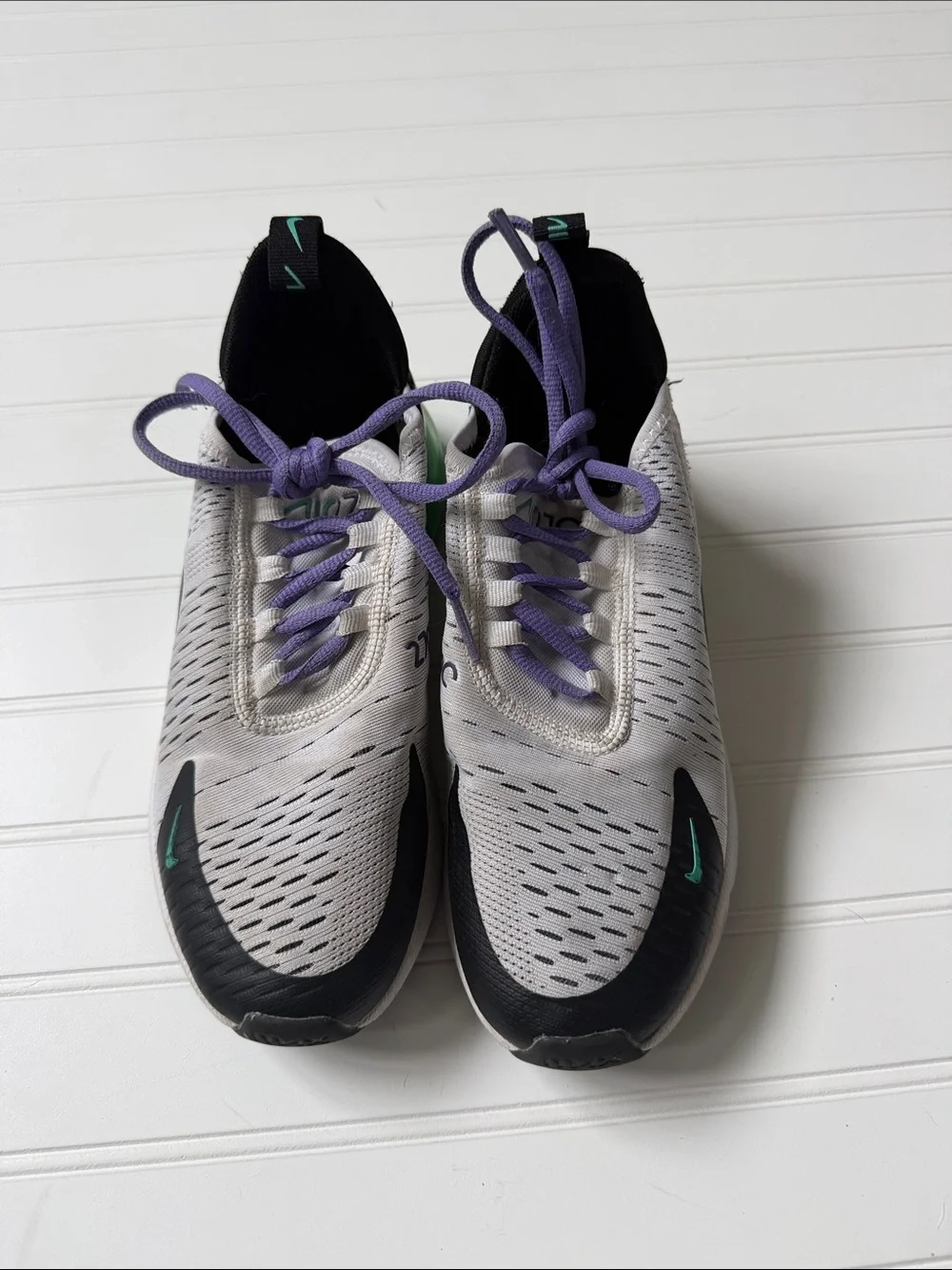 Nike White, Black and Purple Air Max 270 Sneakers with Teal Accents